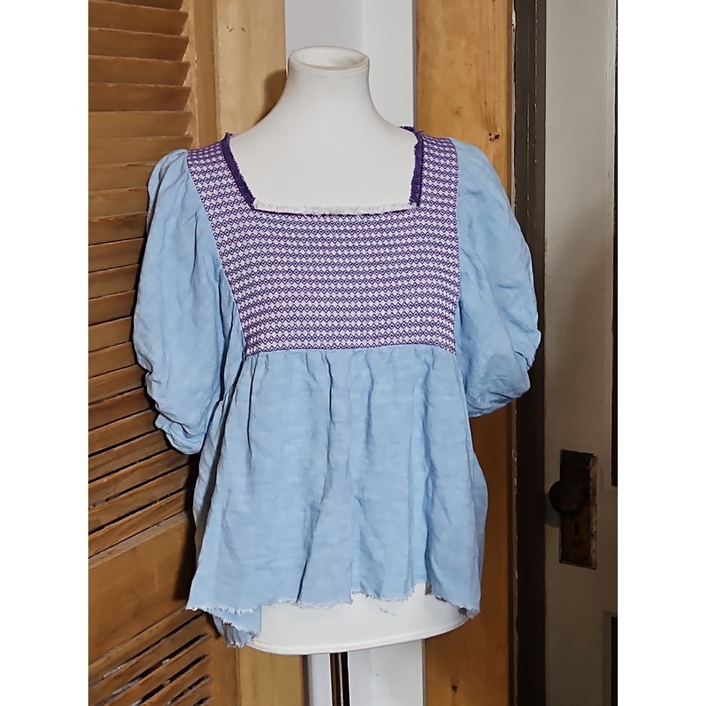 Nina Leuca Babydoll Top Cropped Linen Blend Puff Sleeve Embroidered Italy S/M